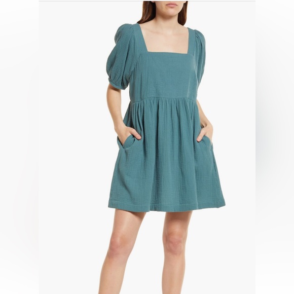Madewell Lightspun Square Neck Puff Sleeve Dress - Picture 1 of 13